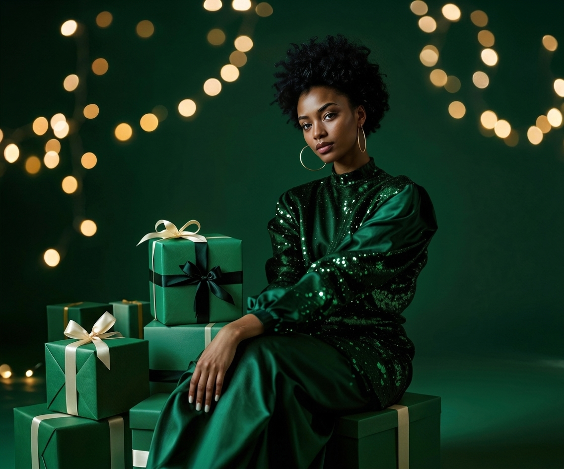 Elegant Black woman with curly natural hair wearing a sparkling emerald green sequin blouse, gold hoop earrings, sitting beside wrapped green holiday gift boxes.