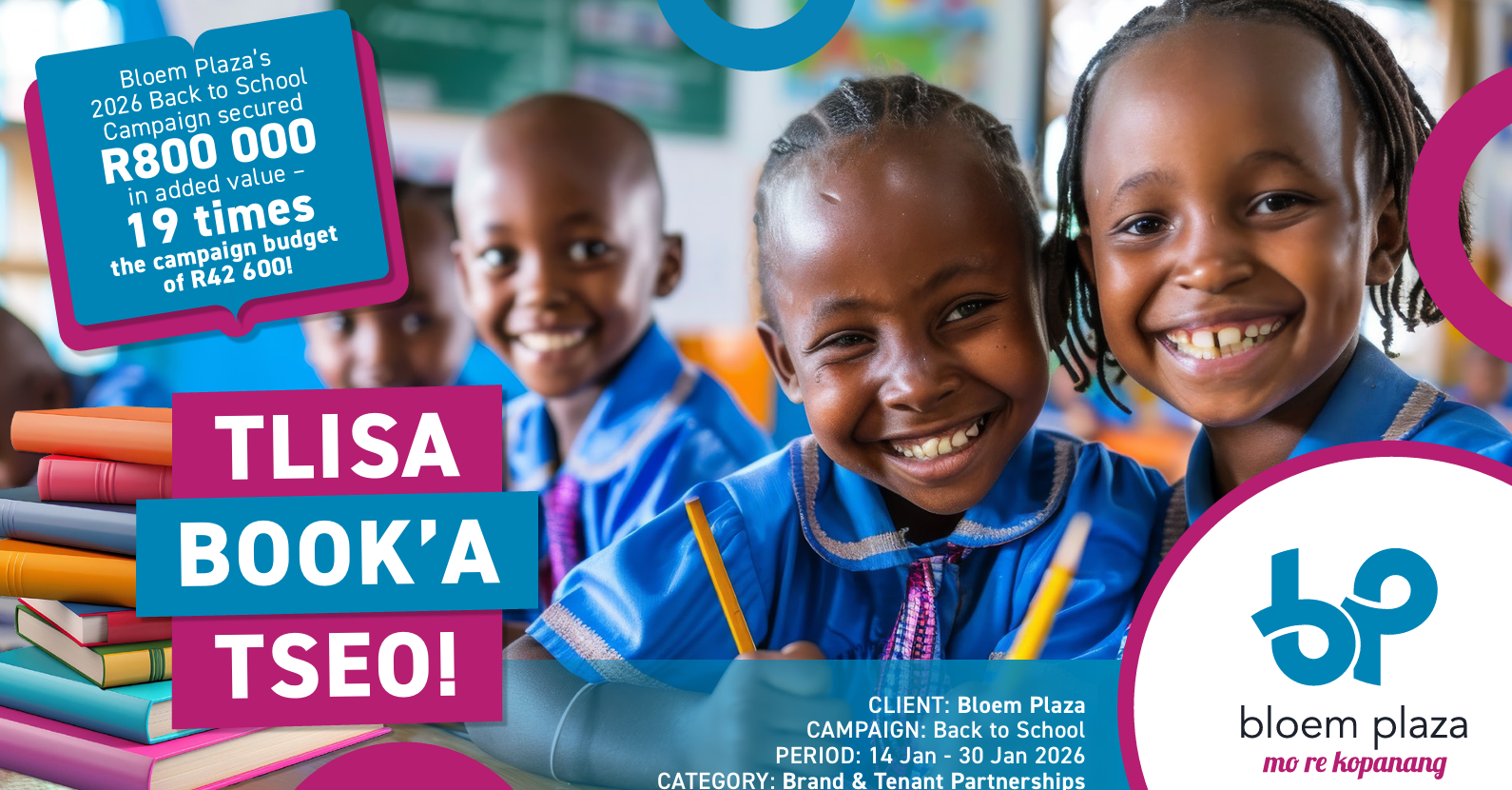 A promotional graphic for Bloem Plaza's "Back to School" campaign showing smiling school children in uniforms alongside key campaign results and ROI stats.