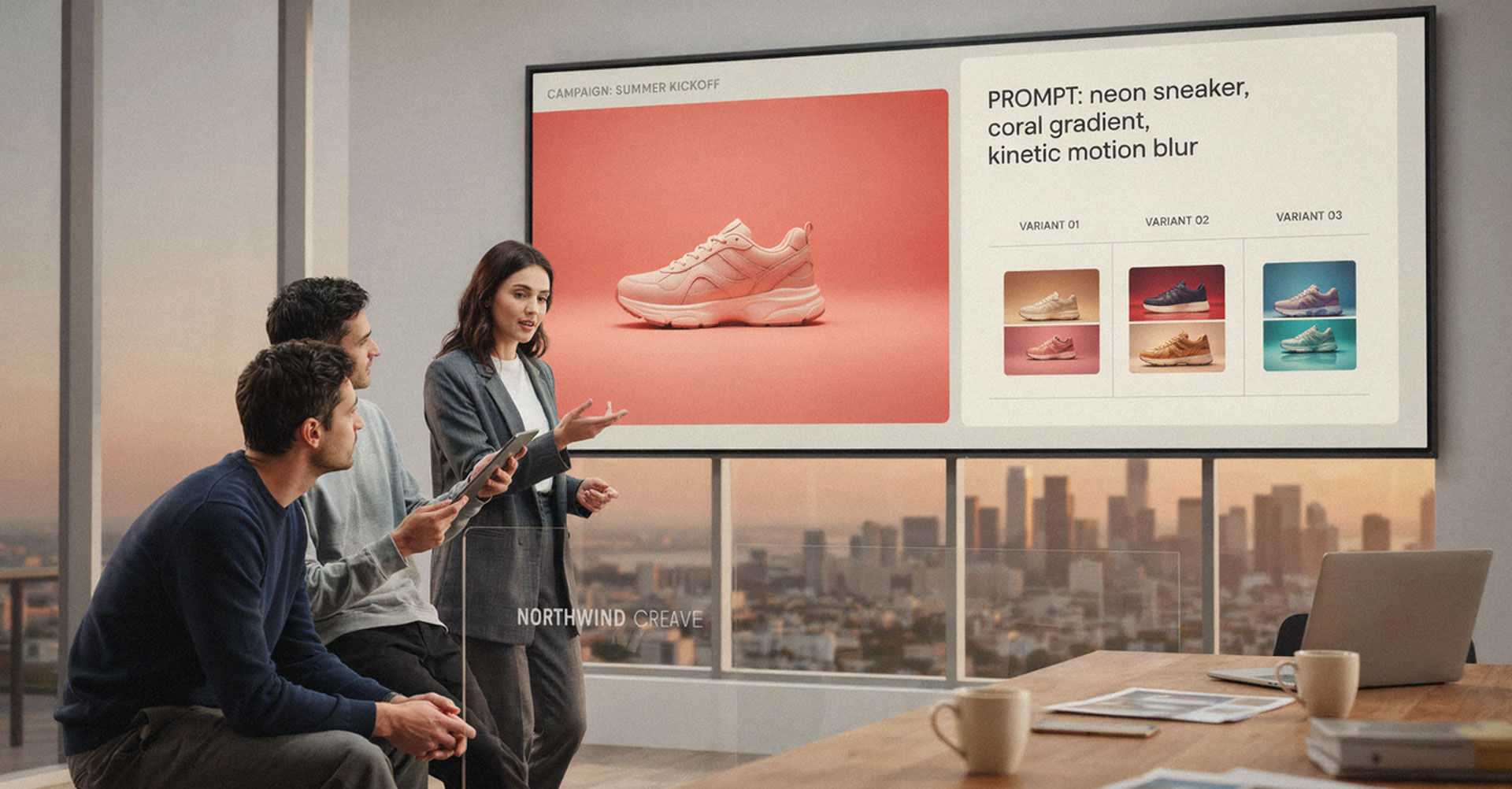 Marketing team reviewing AI-generated sneaker campaign mockups on a presentation screen.