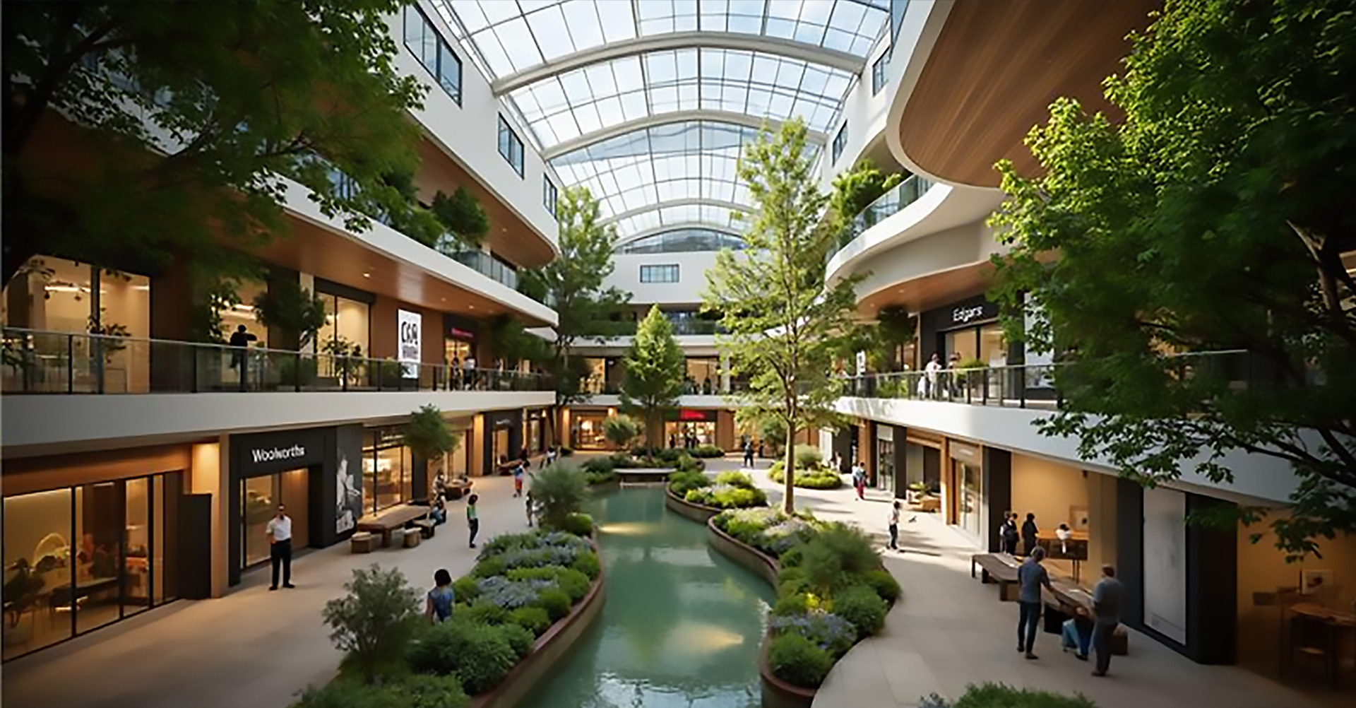 Modern eco-friendly shopping centre interior with natural skylights, indoor trees, and a water feature.